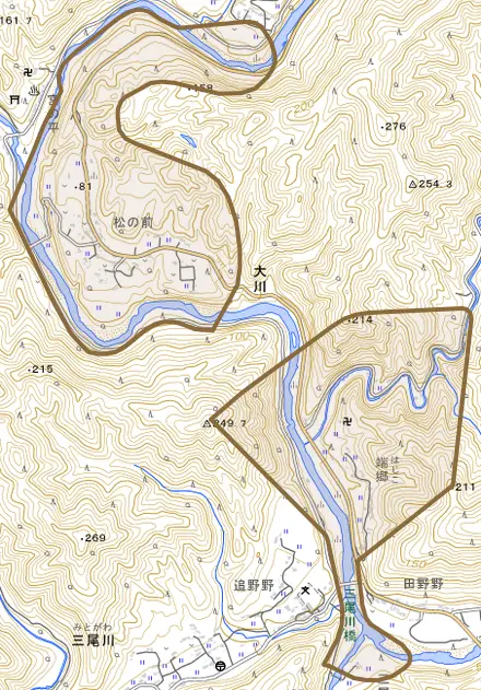 大川とその周辺の地図。町の範囲を重ねている