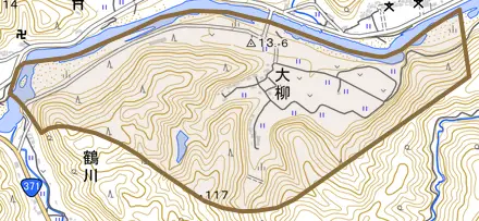 大柳とその周辺の地図。町の範囲を重ねている