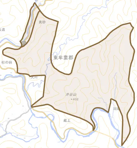 真砂とその周辺の地図。町の範囲を重ねている