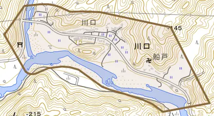 川口とその周辺の地図。町の範囲を重ねている