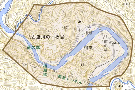 相瀬とその周辺の地図。町の範囲を重ねている