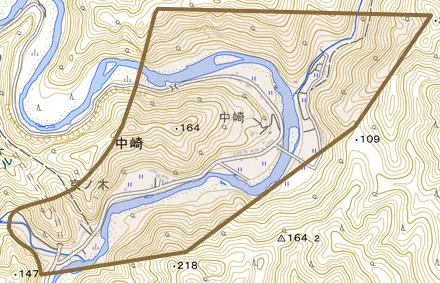 中崎とその周辺の地図。町の範囲を重ねている
