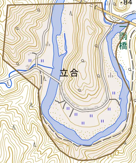 立合とその周辺の地図。町の範囲を重ねている