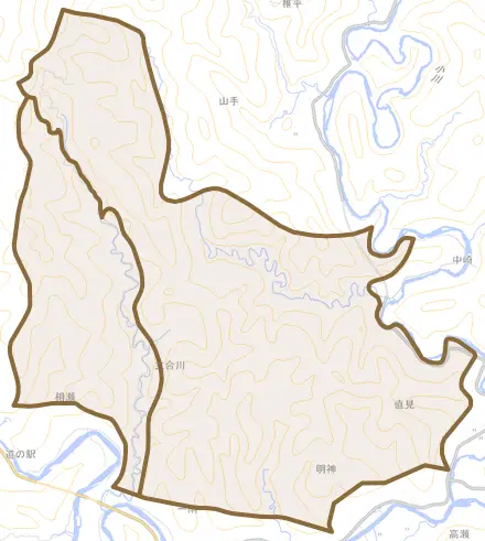 立合川とその周辺の地図。町の範囲を重ねている
