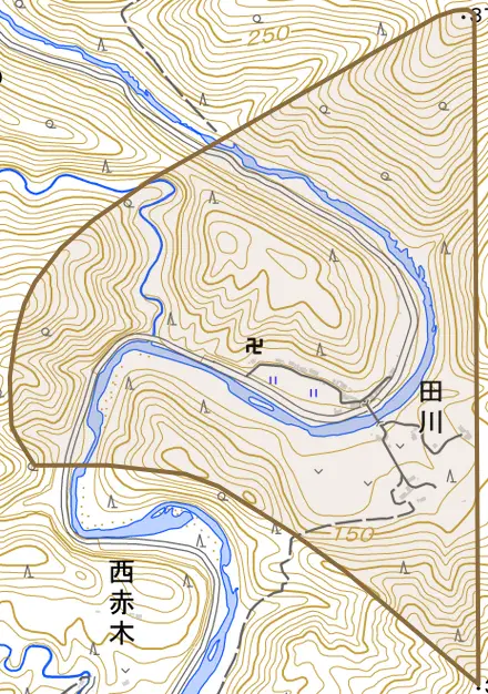 田川とその周辺の地図。町の範囲を重ねている