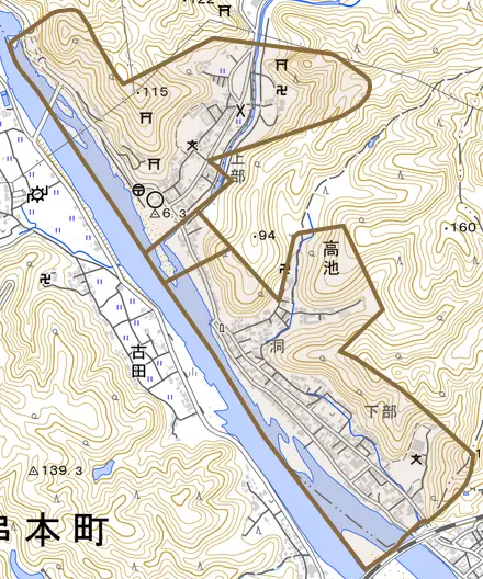 高池とその周辺の地図。町の範囲を重ねている
