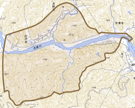 月野瀬とその周辺の地図。町の範囲を重ねている