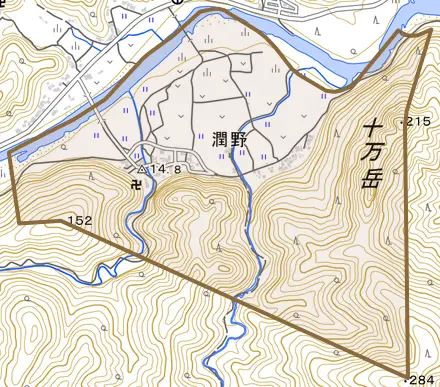潤野とその周辺の地図。町の範囲を重ねている