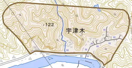 宇津木とその周辺の地図。町の範囲を重ねている