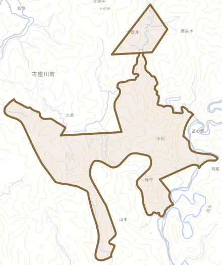 宇筒井とその周辺の地図。町の範囲を重ねている