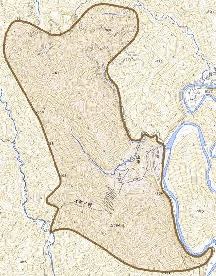 山手とその周辺の地図。町の範囲を重ねている