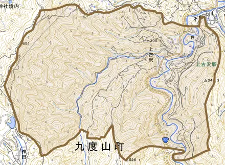 大字上古沢とその周辺の地図。町の範囲を重ねている