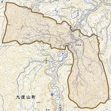大字中古沢とその周辺の地図。町の範囲を重ねている