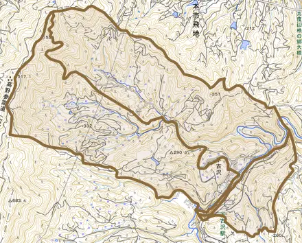 大字下古沢とその周辺の地図。町の範囲を重ねている