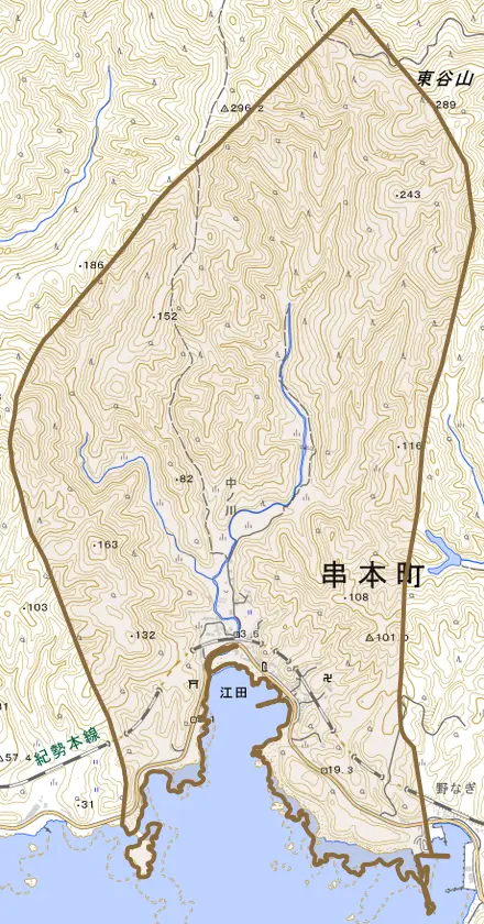 江田とその周辺の地図。町の範囲を重ねている