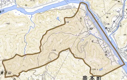 古田とその周辺の地図。町の範囲を重ねている