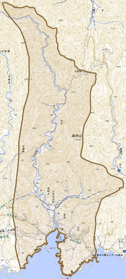 吐生とその周辺の地図。町の範囲を重ねている