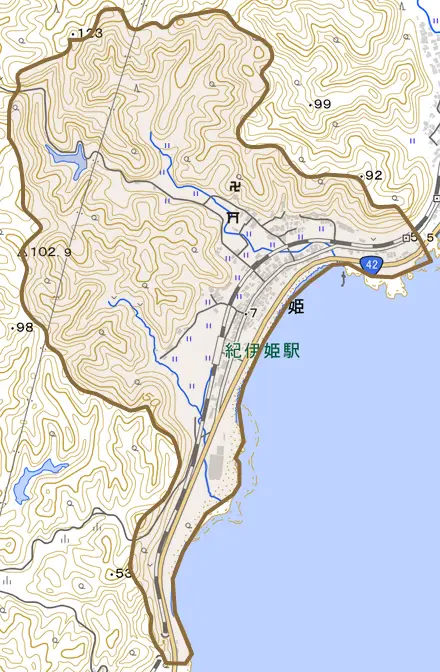 姫とその周辺の地図。町の範囲を重ねている