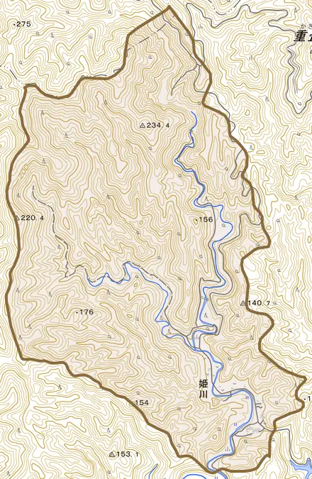 姫川とその周辺の地図。町の範囲を重ねている