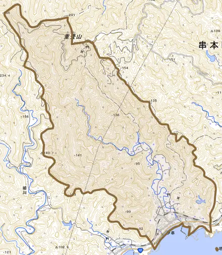 伊串とその周辺の地図。町の範囲を重ねている