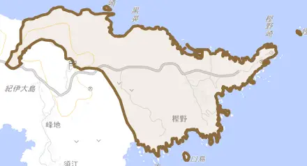 樫野とその周辺の地図。町の範囲を重ねている