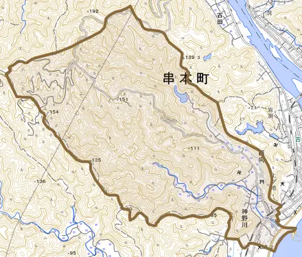 神野川とその周辺の地図。町の範囲を重ねている
