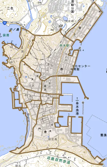 串本とその周辺の地図。町の範囲を重ねている