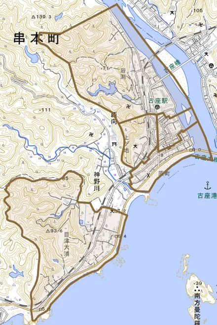 西向とその周辺の地図。町の範囲を重ねている