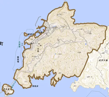 大島とその周辺の地図。町の範囲を重ねている