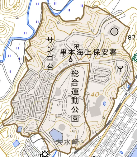 サンゴ台とその周辺の地図。町の範囲を重ねている