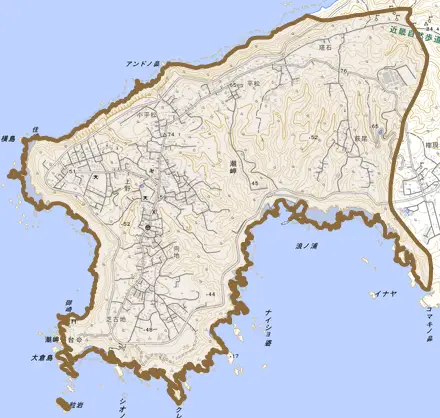 潮岬とその周辺の地図。町の範囲を重ねている
