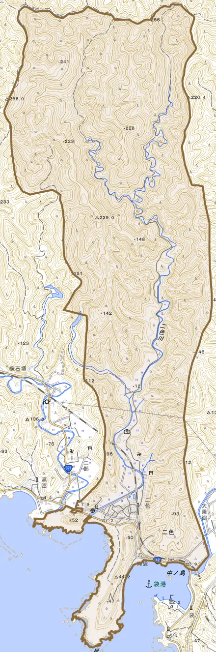 二色とその周辺の地図。町の範囲を重ねている