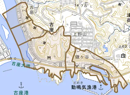 古座とその周辺の地図。町の範囲を重ねている