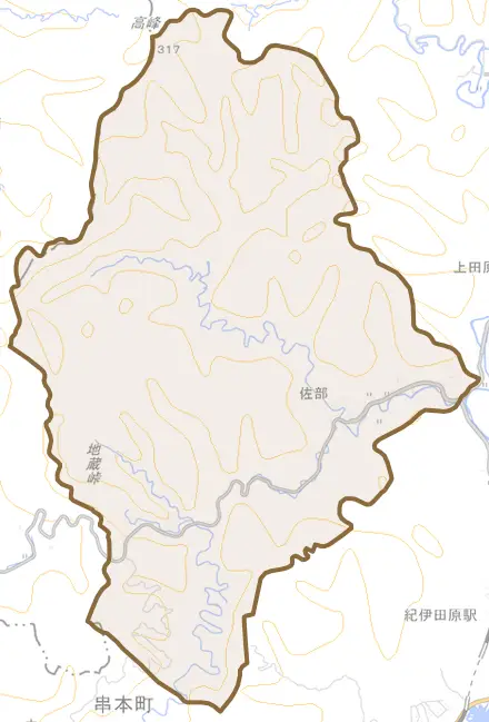 佐部とその周辺の地図。町の範囲を重ねている