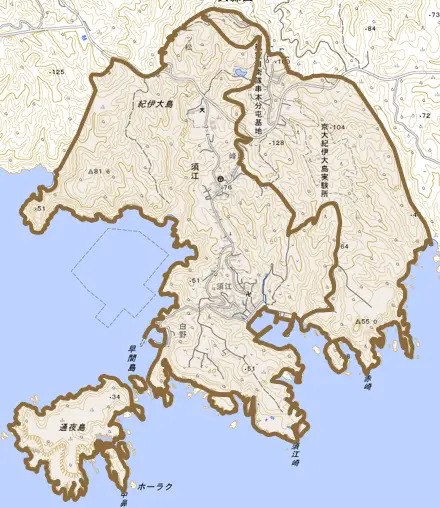 須江とその周辺の地図。町の範囲を重ねている