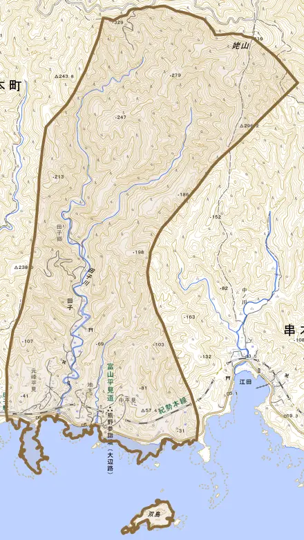 田子とその周辺の地図。町の範囲を重ねている