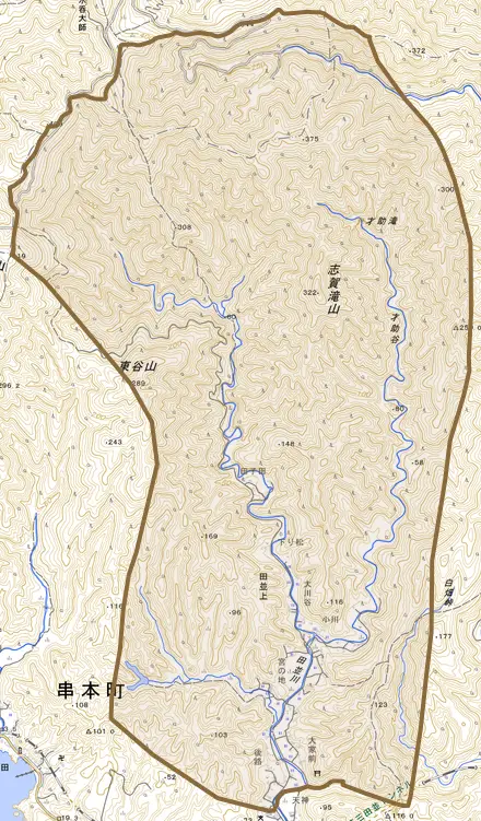田並上とその周辺の地図。町の範囲を重ねている