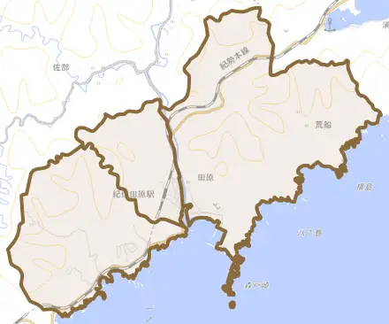 田原とその周辺の地図。町の範囲を重ねている