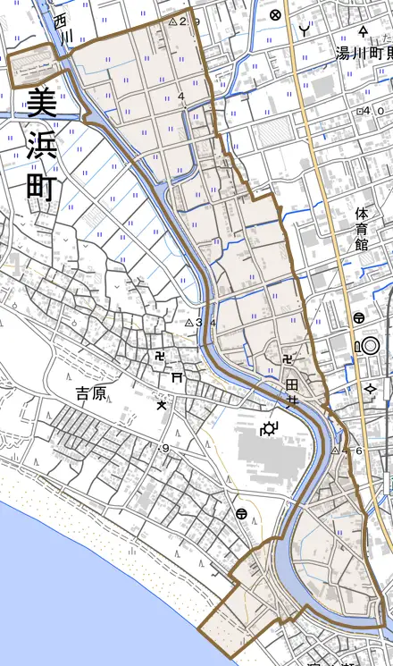 大字田井とその周辺の地図。町の範囲を重ねている