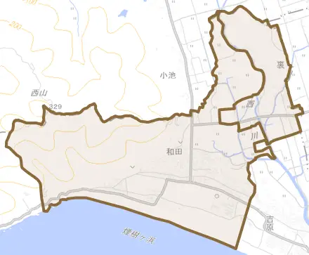大字和田とその周辺の地図。町の範囲を重ねている