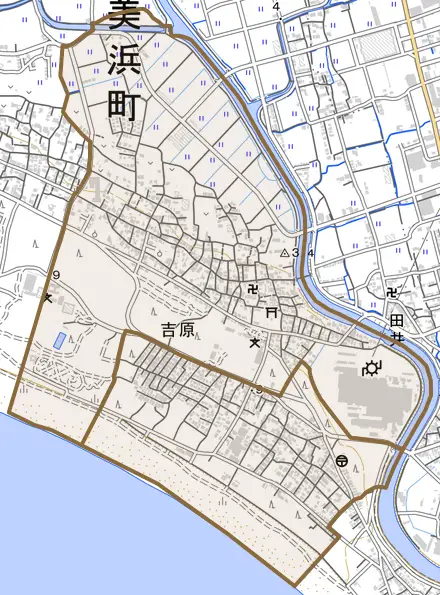 大字吉原とその周辺の地図。町の範囲を重ねている