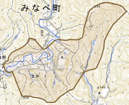 土井とその周辺の地図。町の範囲を重ねている