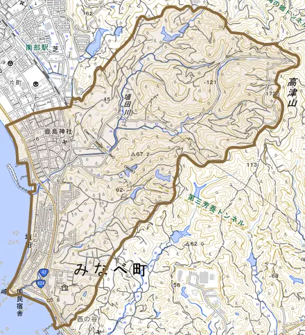 埴田とその周辺の地図。町の範囲を重ねている