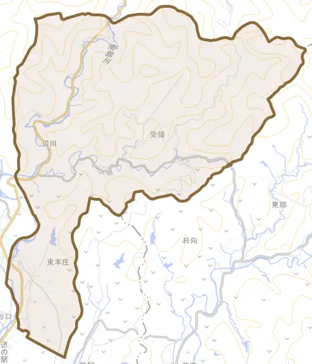 東本庄とその周辺の地図。町の範囲を重ねている
