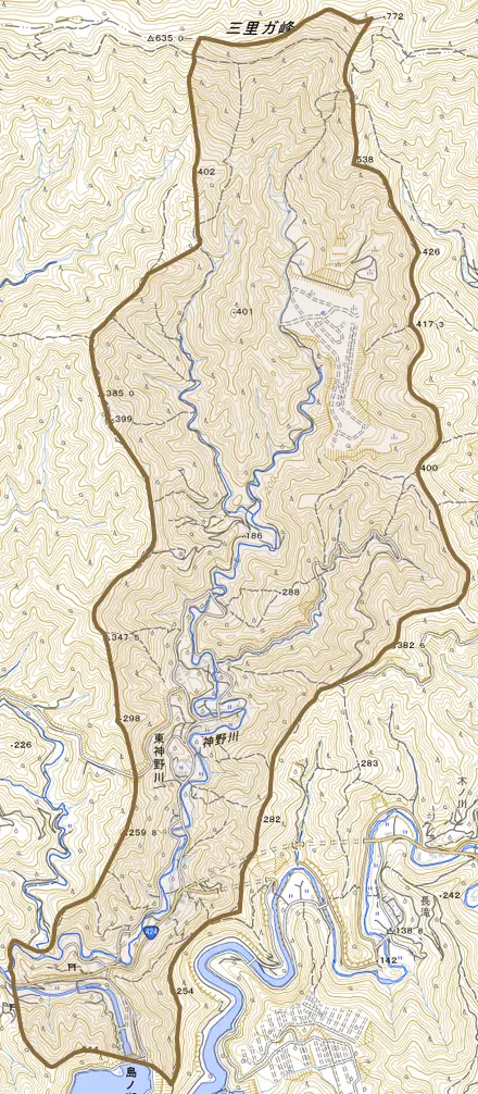 東神野川とその周辺の地図。町の範囲を重ねている