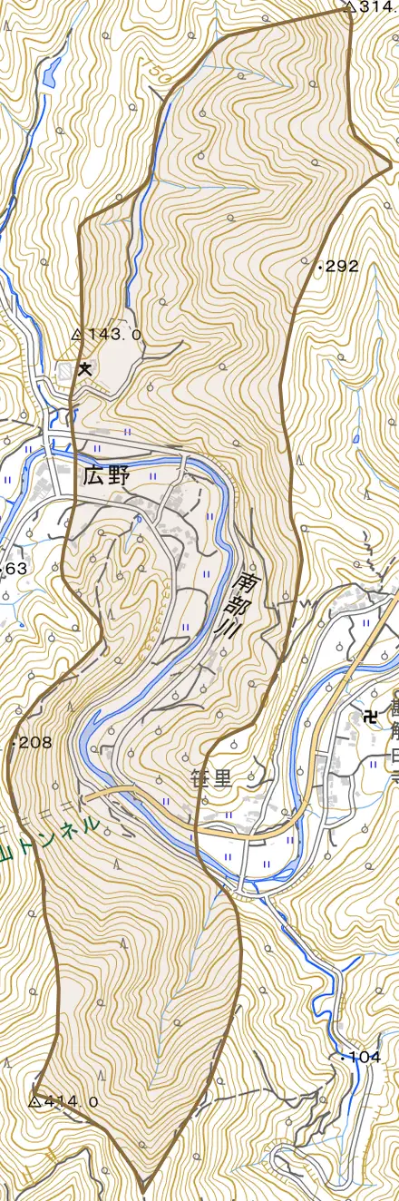 広野とその周辺の地図。町の範囲を重ねている