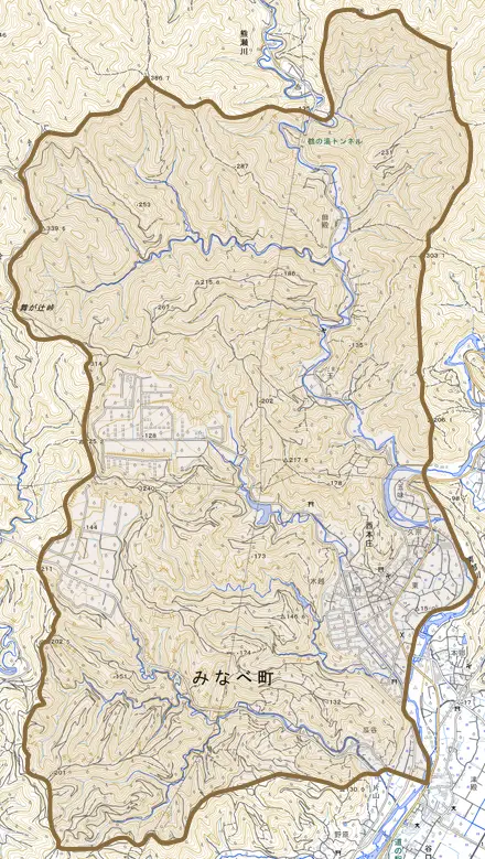 西本庄とその周辺の地図。町の範囲を重ねている