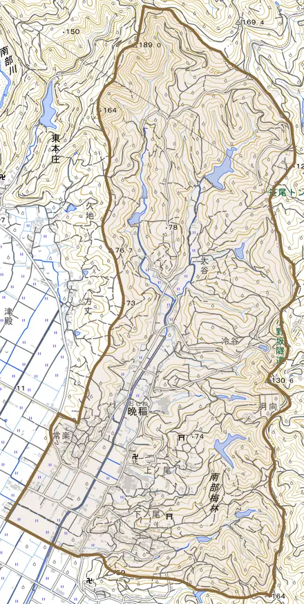 晩稲とその周辺の地図。町の範囲を重ねている