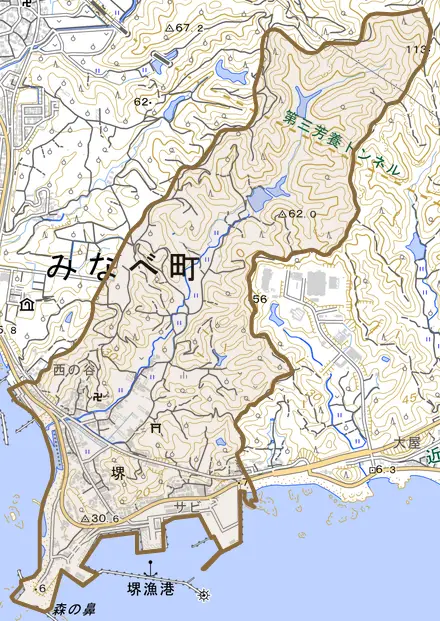 堺とその周辺の地図。町の範囲を重ねている
