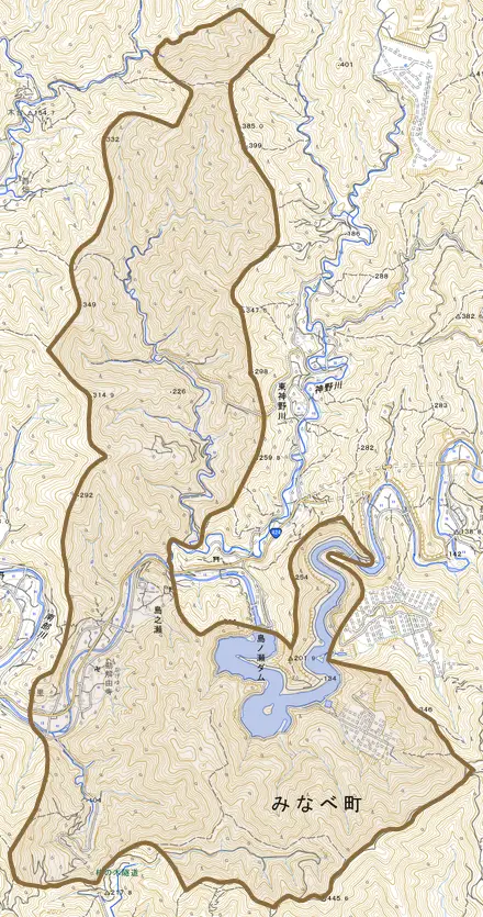 島之瀬とその周辺の地図。町の範囲を重ねている